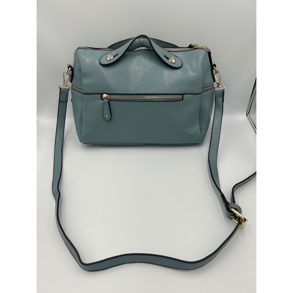 Blue Pebbled Faux Leather Satchel Crossbody Bag‎ Gold Hardware Multi Pocket